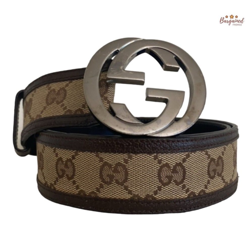 Authentic GUCCI Brown Monogram Canvas Silver Interlocking G Buckle Belt 90/36